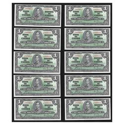 (10) Consecutive 1937 $1 Bank of Canada Notes AU/CU