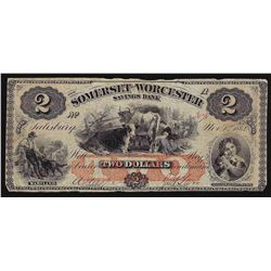 1862 $2 Somerset and Worcester Savings Bank Obsolete Bank Note
