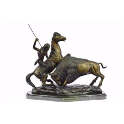23 LBS Buffalo Hunt Solid Bronze Statue on Marble base (13"X18")