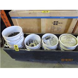 Wooden Crate w/10 pails - large nuts, bolts, washers, etc
