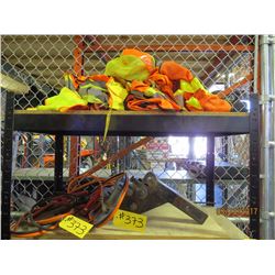 Shelf - w/ safety vests, booster cables, box of drill bits, clamps, fishing tackle box, fiber cleani