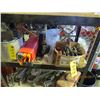 Image 2 : Shelf - w/ safety vests, booster cables, box of drill bits, clamps, fishing tackle box, fiber cleani