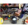 Image 3 : Shelf - w/ safety vests, booster cables, box of drill bits, clamps, fishing tackle box, fiber cleani
