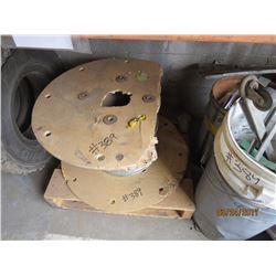 Reel of steel cable, 7 pails, 3 Tool Bins filled w/ nuts/bolts, large shackles, rigging block, vise,