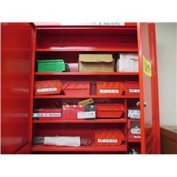 Hilti Overhead Wall Mounted Cabinet w/ (7) Boxes & (7) Storage bins  filed w/ misc hilti material (I