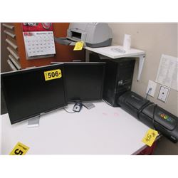 HP Desktop Tower Compouter, (2) Dell Monitors, (2) HP Laserjet Printers,  Laminator