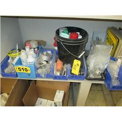 (8) Storage Bins filled w/ rivets, nuts/bolts, grommets, cleaning supplies, & Safety Signage