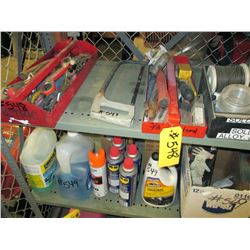 2 Trays misc tools, tub of solder/flux, 2-24 storage container shelves w/ sockets