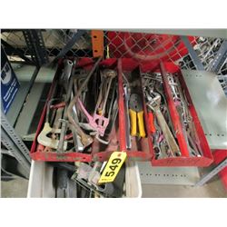 Cleaning Supplies, WD40, (3) Trays of misc tools,  Metal Tool Box,  Bin of painting tools, (11) Cans