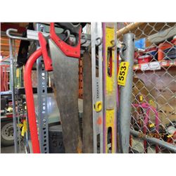 4 Hand Saws, 2 - 4' Levels,  5' Square, Pry Bar,  Steel Pipe