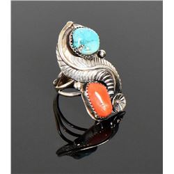 Navajo Turquoise And Red Coral Sterling Silve
