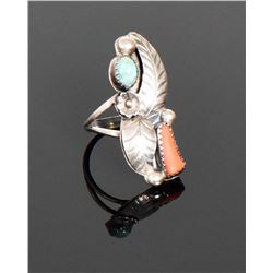 Navajo Turquoise And Red Coral Sterling Silve