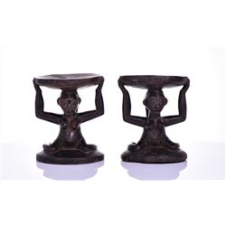 Two African Luba Female Caryatid Wood Stools,