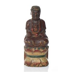 Tibetan Wood Gilt Lacquer Buddha Seated In Th