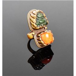Tibetan Brass Ring With Red Coral And Green J