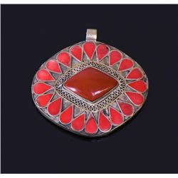Silver Red Coral Amulet Pendant, Tibet. Silve