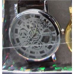 WATCH - NEW 2 SIDED SKELETON WATCH WITH LEATHER STRAP - WORKING - SILVER TONE