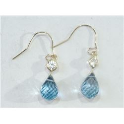 EARRINGS - 4.8CT BLUE TOPAZ & WHITE SAPPHIRE IN STAMPED 14K YELLOW GOLD DROP SETTING - HAND CRAFTED 