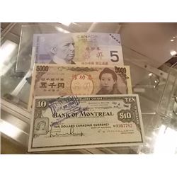 BILLS - 3 TTL - 1964 BANK NOTE - $5 CANADIAN & 1 ORIENTAL