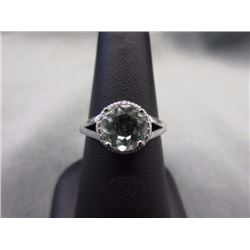RING - GREEN AMETHYST & 2 DIAMONDS IN STERLING SILVER SETTING - RETAIL ESTIMATE $375