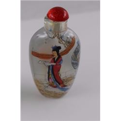 SNUFF BOTTLE - HAND PAINTED - WITH LID - LADY WITH RED & BLUE DRESS