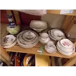 SHELF LOT ASSORTED CHINA PLATES AND MORE
