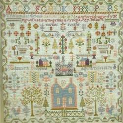 A large Victorian Welsh sampler, worked by E. Sheppard, 1878, embroidered with houses, a castle,...