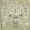 Image 1 : A large Victorian Welsh sampler, worked by E. Sheppard, 1878, embroidered with houses, a castle,...