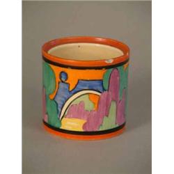 A Clarice Cliff Applique Avignon pattern preserve jar, (lacks cover) (chipped) 3in....