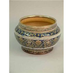 A Doulton Lambeth stoneware bowl, incised with foliate motifs by Francis E. Lee, with plated rim,...