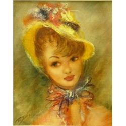 P. Sorel oil on canvas, Portrait of a girl with floral bonnet, signed, 16 x 13 ins....