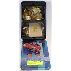 HOCKEY TIN WITH OVER 80 HOCKEY COINS/MEDALLIONS