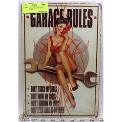 NEW VINTAGE STYLE TIN SIGN, GARAGE RULES