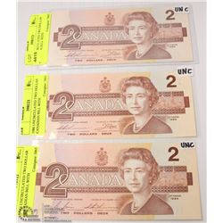 LOT OF THREE 1986 CANADIAN $2 NOTES