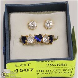 GOLD COLOR BLUE WHITE HEART RING SIZE 7 AND STUDS