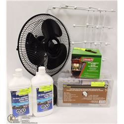 LOT WITH TABLE FAN, TWO DOOR HANGING HOOKS,