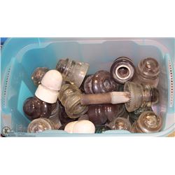 BOX OF ASSORTED GLASS INSULATORS SOME MARKED CPR