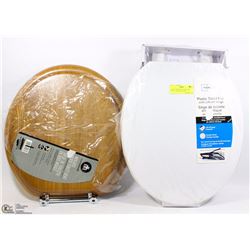 PAIR OF NEW TOILET SETS, ONE WOOD, AND ONE PLASTIC