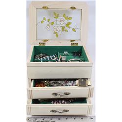 WOOD JEWELRY BOX W/PAINTED GLASS TOP