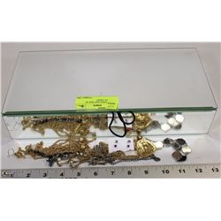 MIRROR JEWELRY BOX W/ CONTENTS 13X6X3