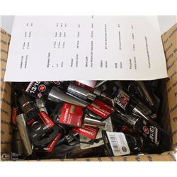 BOX OF ASSORTED SOCKETS INCL 3/8 DRIVE, 1/2 DRIVE,