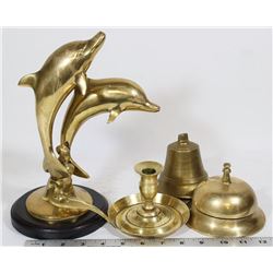 BOX W/ BRASS DOLPHIN ORNAMENT, BRASS BELLS, AND A