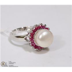 #97 AKOYA PEARL ,RUBY RING