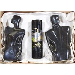 MALE AND FEMALE BLACK BUST WITH VINTAGE BLACK VASE