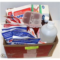 BOX OF ICE PACKS, BANDAGES, AND MORE