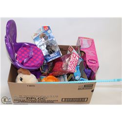 BOX OF MISC TOYS INCL BARBIE, DISNEY ETC