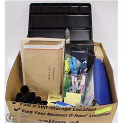 BOX W/OFFICE SUPPLIES INCL. NEW ITEMS -
