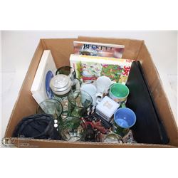 BOX W/ COCA COLA GLASSES, STEIN, ASSORTED COFFEE