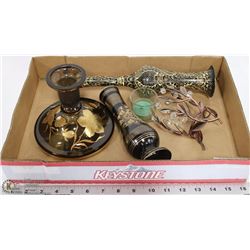 INDIA BRASS AND BLACK VASES WITH LEAVED VASE AND