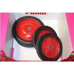 SET OF 4 LAST METAL RIMMED HARD TIRE WHEELS